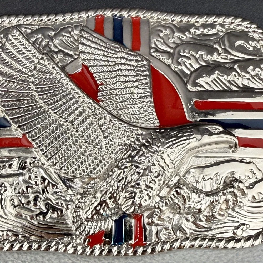 Vintage‎ Buckle Silver Tone Eagle Hawk Enamel Patriotic